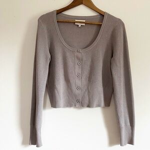 Gray Ribbed Knit Cropped Button Down Sweater Size Large